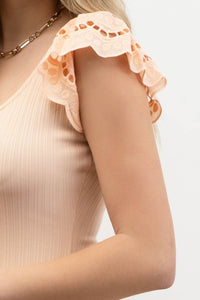 Elaine Eyelet Ruffle-Sleeve Rib Tank