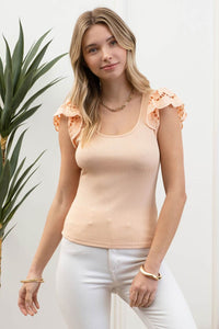 Elaine Eyelet Ruffle-Sleeve Rib Tank