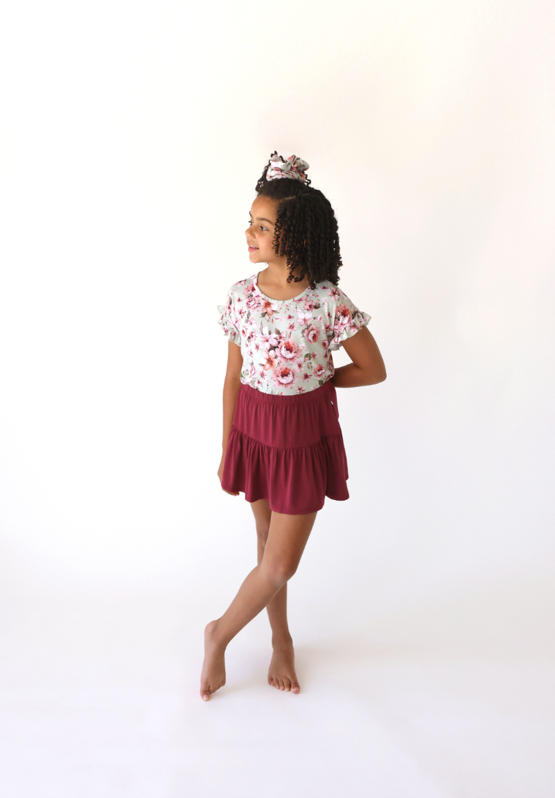 Posh Peanut Burgundy Rose Ruffle Skirt