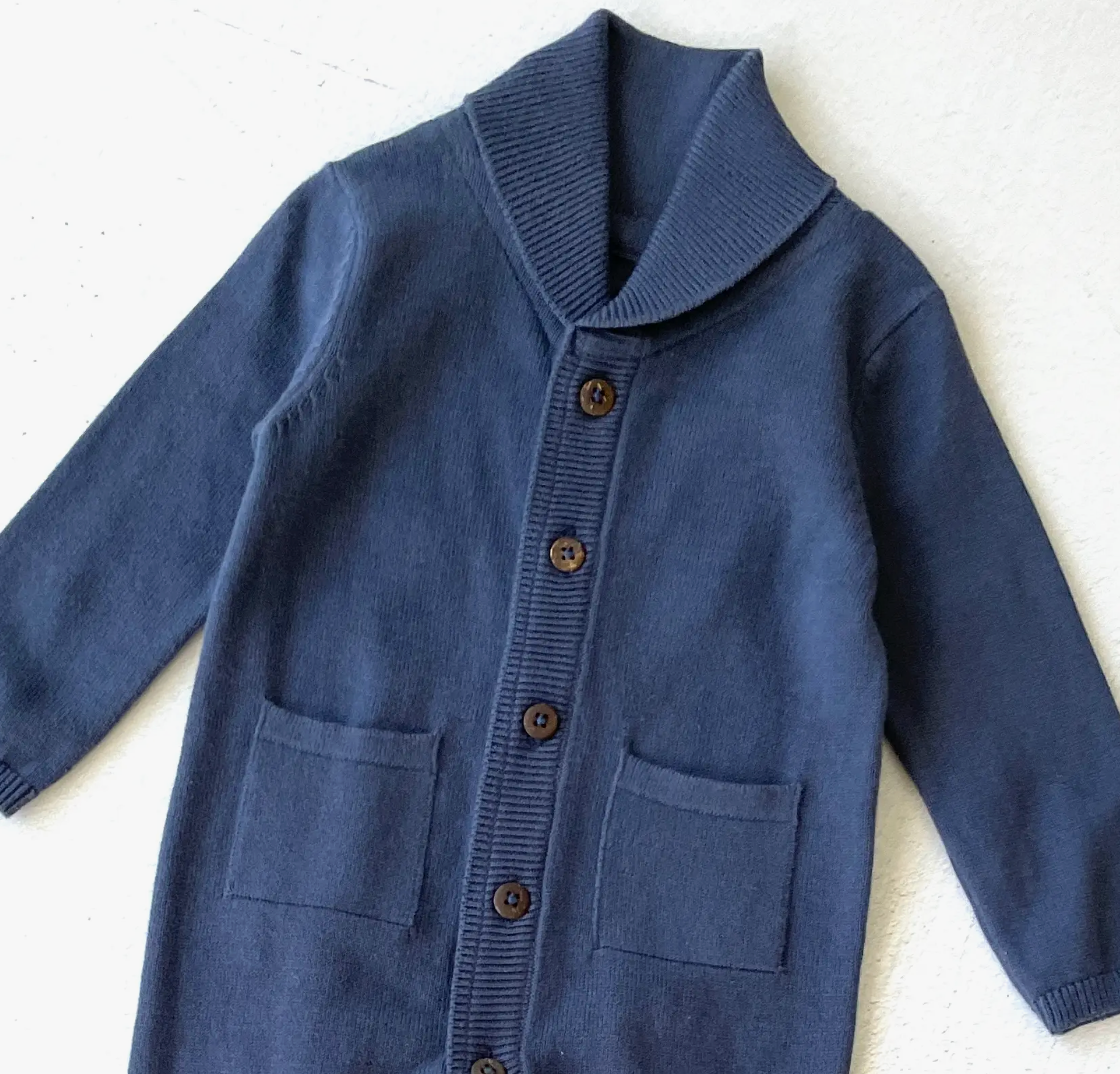Anatole, Long-sleeved baby romper, shawl collar, double-breasted opening,  in Navy corduroy